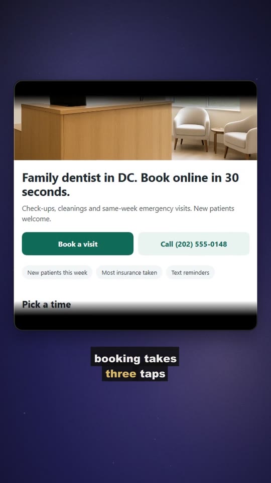 A real recording of a demo practice website on a phone, framed in a card, showing a Book a visit button.