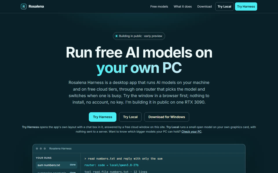 The Rosalena website: Run free AI models on your own PC, with Try Harness, Try Local and Download for Windows buttons.