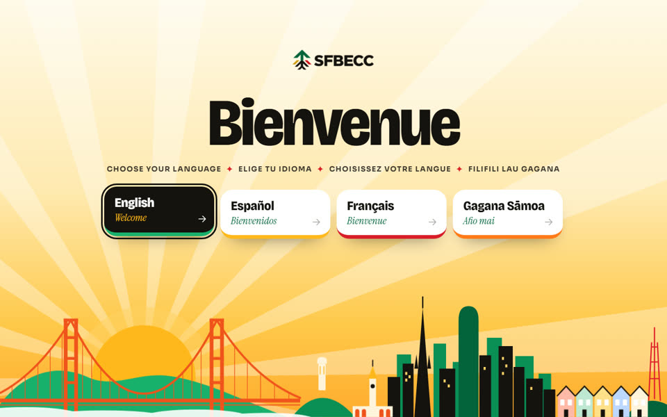 The SFBECC landing page: Bienvenue, with a choice of English, Español, Français and Gagana Sāmoa over an illustrated San Francisco skyline.